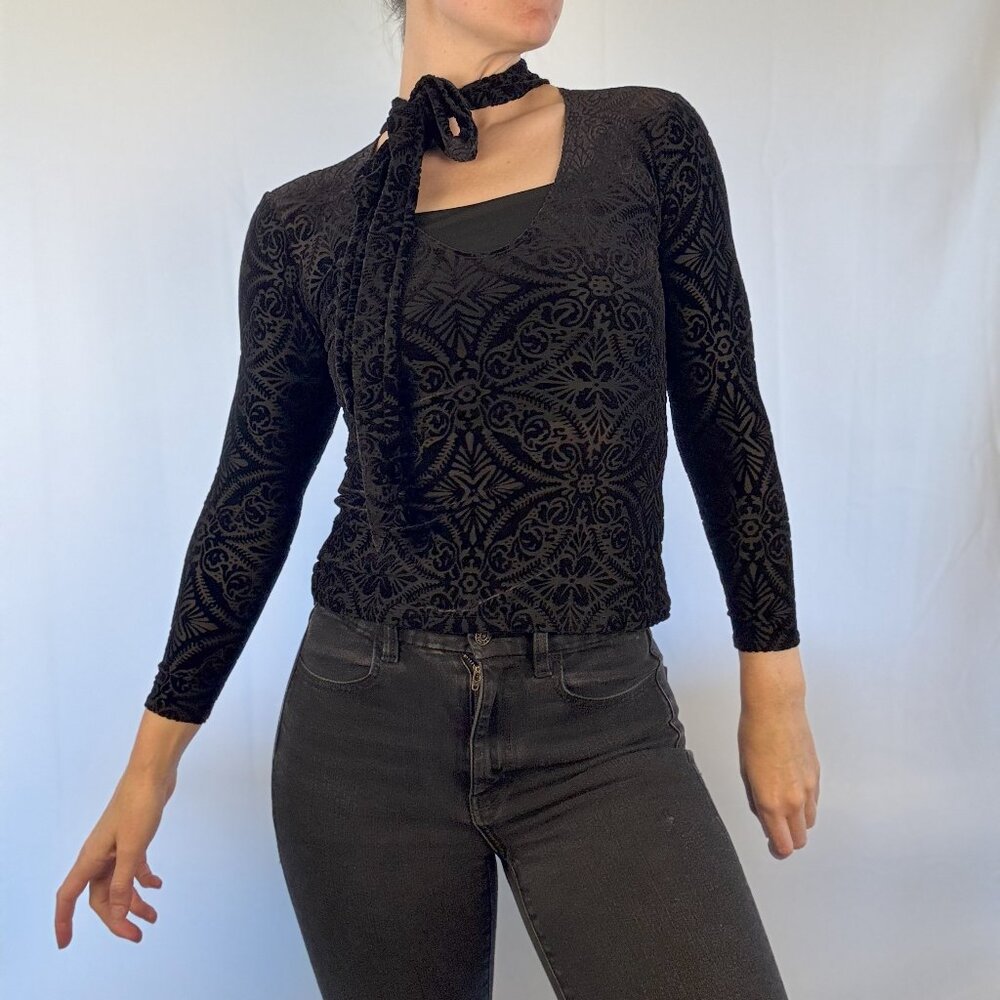 Blackmilk Crushed Velvet Neck Tie Shirt